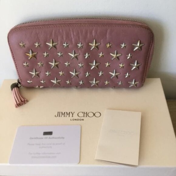 Jimmy Choo Star-Studded Wallet in Mauve Pink Leather Full Zipper Closure - Picture 1 of 12